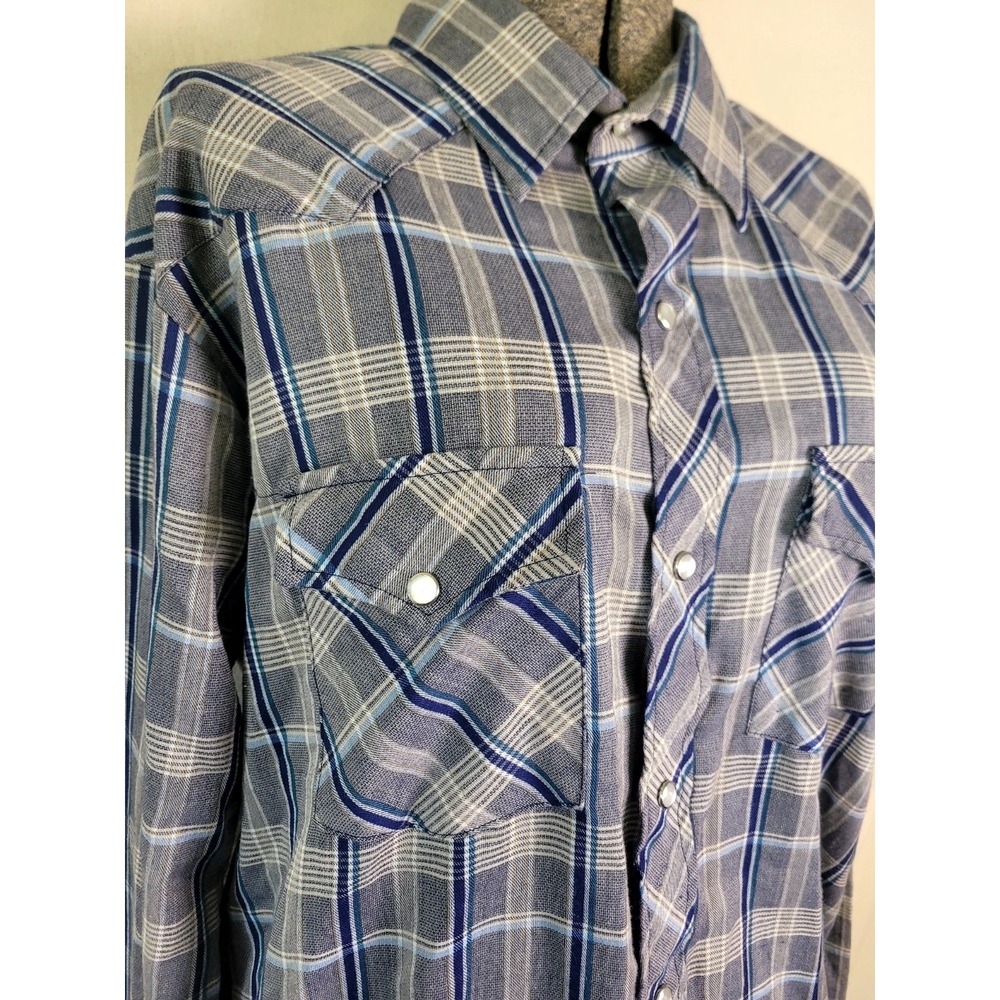 Vintage 70s Rancher Western Wear Mens Button Up Blue Plaid Pearl Snap Size L USA - Picture 2 of 13